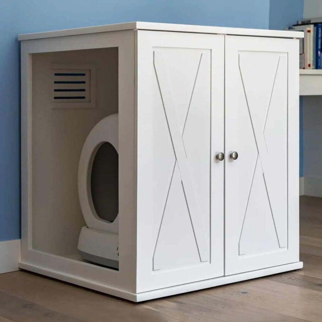 THE REFINED FELINE Refined Self-Cleaning Litter Box Cabinet, Wooden Cat Litter Box Enclosure for Automatic Litter Boxes, White, Farmhouse.