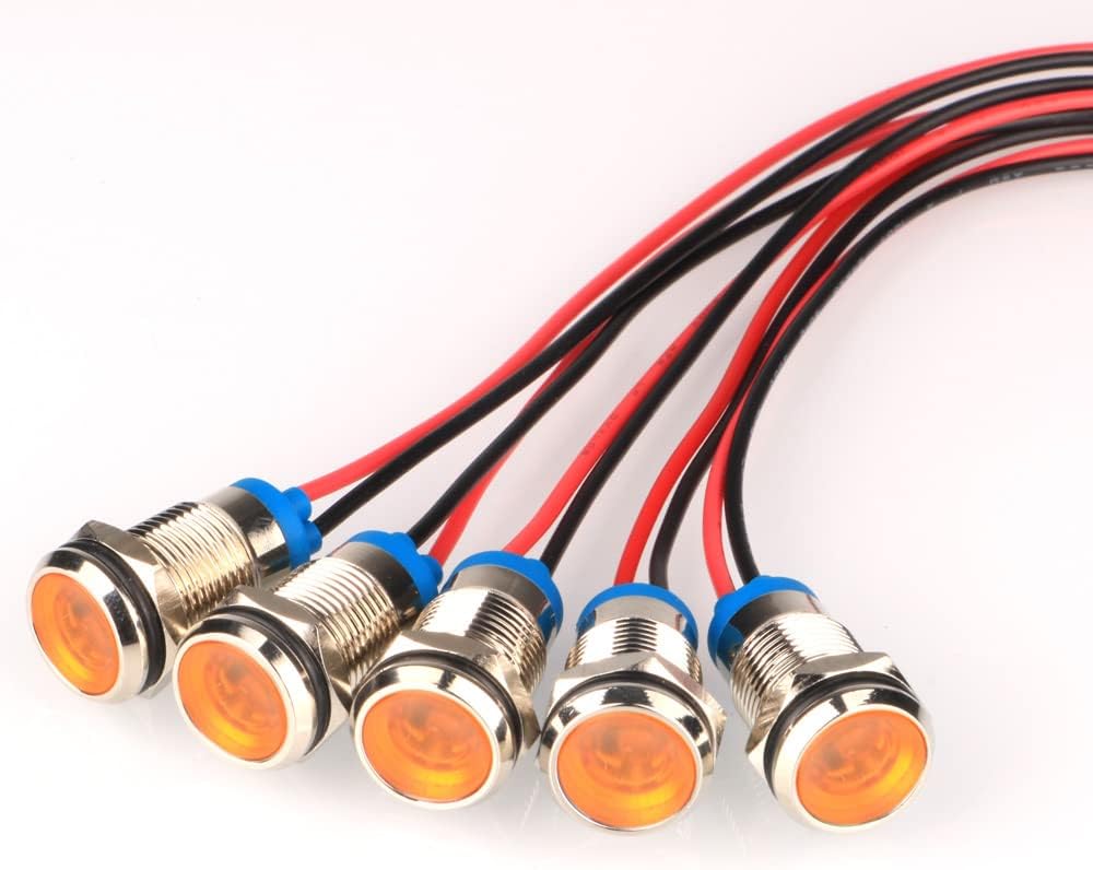 5pcs LED Metal Indicator Light 10mm Waterproof Signal Lamp Pilot Dash Directional with Wire AC/DC 12-24V(Yellow)