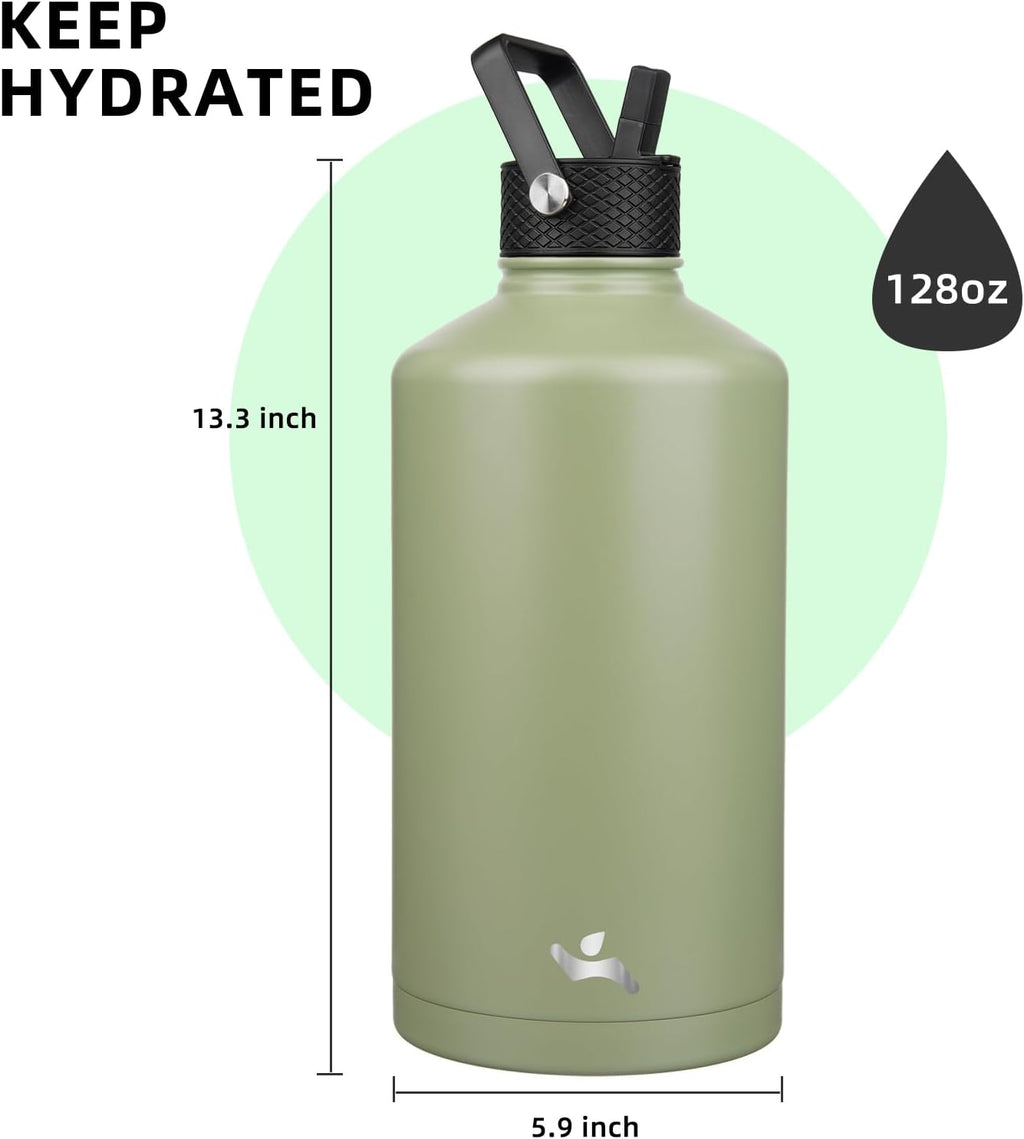 Gallon Insulated Water Bottle with Straw,128 oz 3 Lids Water Jug with Carrying Bag,Paracord Handle, Double Wall Vacuum Stainless Steel Metal Flask,Camp Green