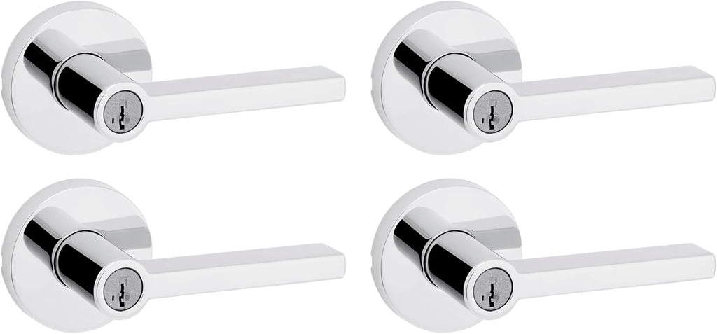 Kwikset Halifax Entry Door Handle with Lock and Key, Secure Keyed Reversible Lever Exterior, for Front Entrance and Bedrooms, Polished Chrome, 4 Pack, Pick Resistant SmartKey Rekey Security