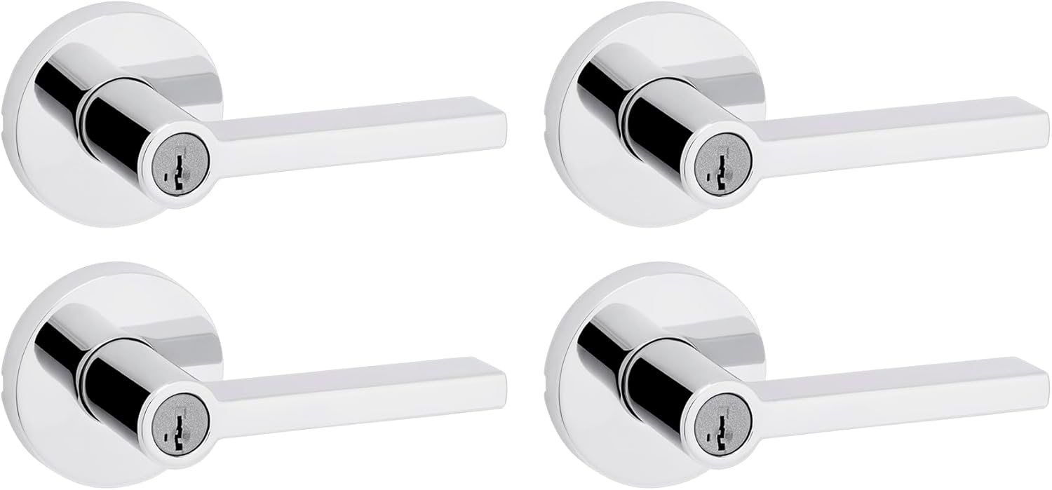 Kwikset Halifax Entry Door Handle with Lock and Key, Secure Keyed Reversible Lever Exterior, for Front Entrance and Bedrooms, Polished Chrome, 4 Pack, Pick Resistant SmartKey Rekey Security