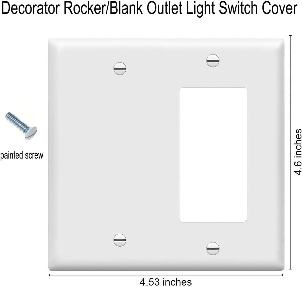 Decorator Rocker/Blank Wall Plates 2-Gang Switch Outlet Electrical Cover Plate Unbreakable Thermoplastic Faceplate for Light Receptacle Outlet Switch, White (4 Pack)