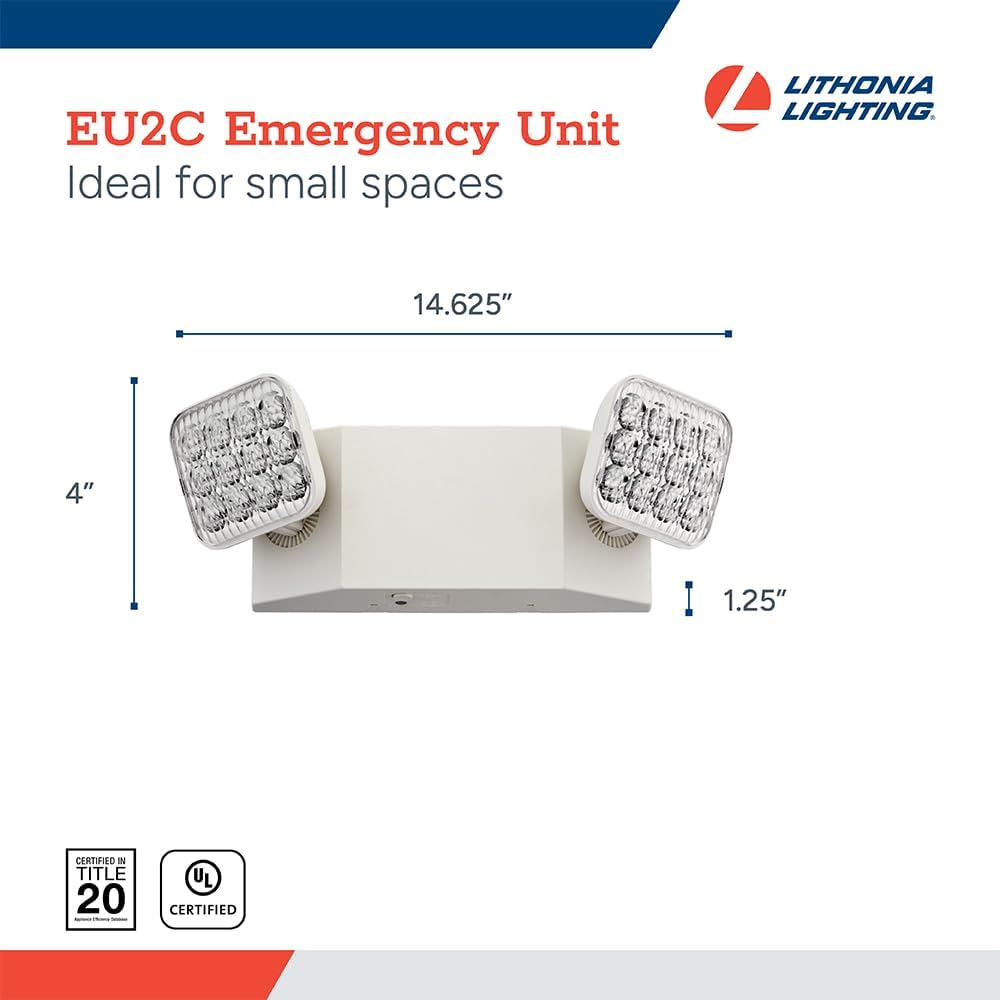 Lithonia Lighting Basics LED Emergency Light, Emergency Lighting with Dual Adjustable LED Lamp Heads, Wall Mount, Damp Location Rated, 90-Minute Backup, 120/277V, White, 2-Pack (EU2C CP2)