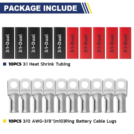 haisstronica 10pcs 3/0 AWG - 3/8"(M10) Tinned Copper Battery Lugs, Heavy Duty Wire Lugs with 10pcs 3:1 Adhesive Heat Shrink Tubing, 000 Gauge Wire Lugs, Tinned Copper Battery Cable Ends