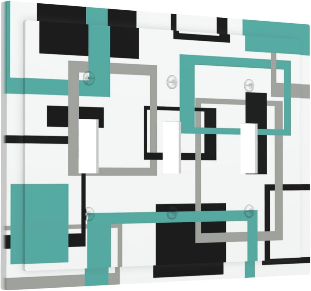 Geometric Turquoise Black Gray Modern Abstract Boho Decorative Switch Plates 3 Gang Wall Plate Triple Toggle Light Switch Cover Faceplate Electrical Wall Panels for Office Nursery Decor