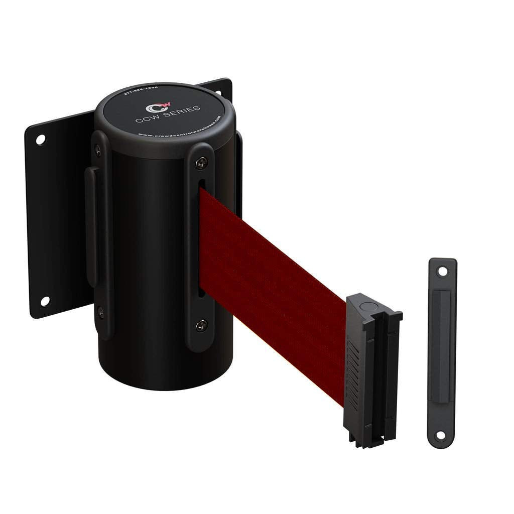 CCW Series WMB-120 Fixed Wall Mount Retractable Belt Barrier 11 Foot with Steel Case (11 Foot, Maroon Belt with Black Steel Case)