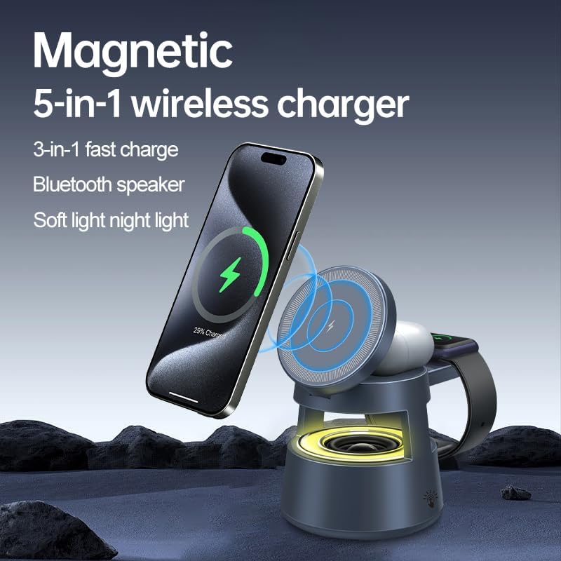 5 in 1 Magnetic Wireless Charger for Phone Earbuds Smart Watch - Bluetooth 5.1 Speaker, Dimmable Night Light, 0-65° Adjustable Angle, Smart Temperature Control, FCC/CE/RoHS Certified