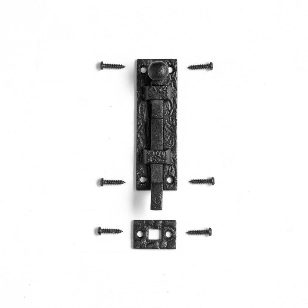 Renovators Supply Manufacturing Door Lock Latch 4 in. Black Wrought Iron Ball Tip Styled Necked Offset Slide Bolt Latch with Mounting Hardware