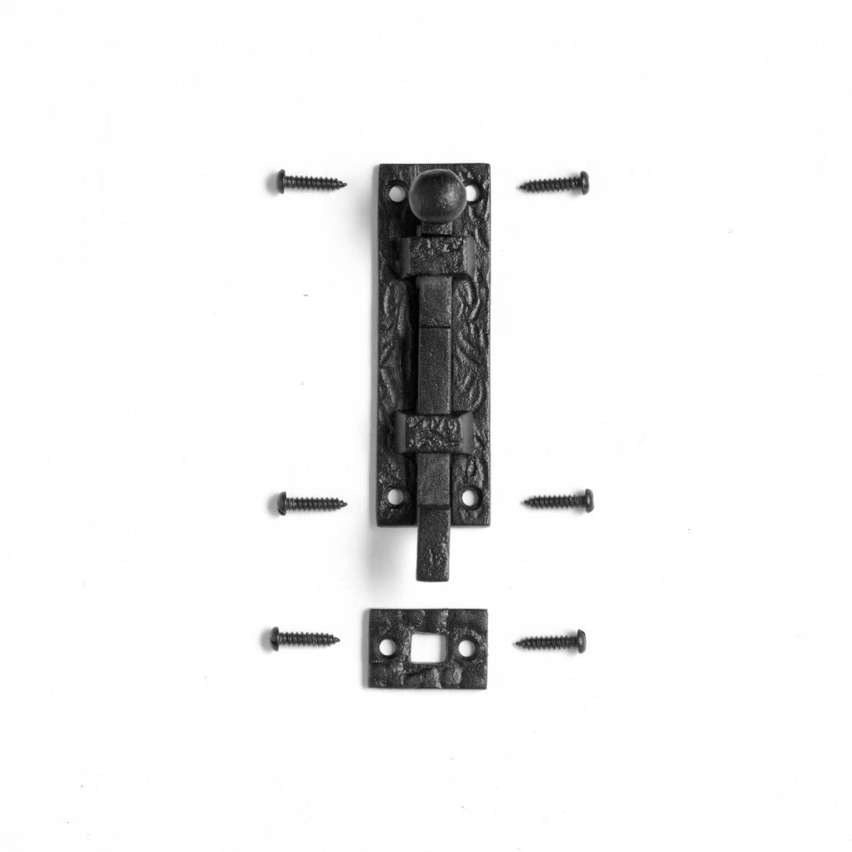 Renovators Supply Manufacturing Door Lock Latch 4 in. Black Wrought Iron Ball Tip Styled Necked Offset Slide Bolt Latch with Mounting Hardware