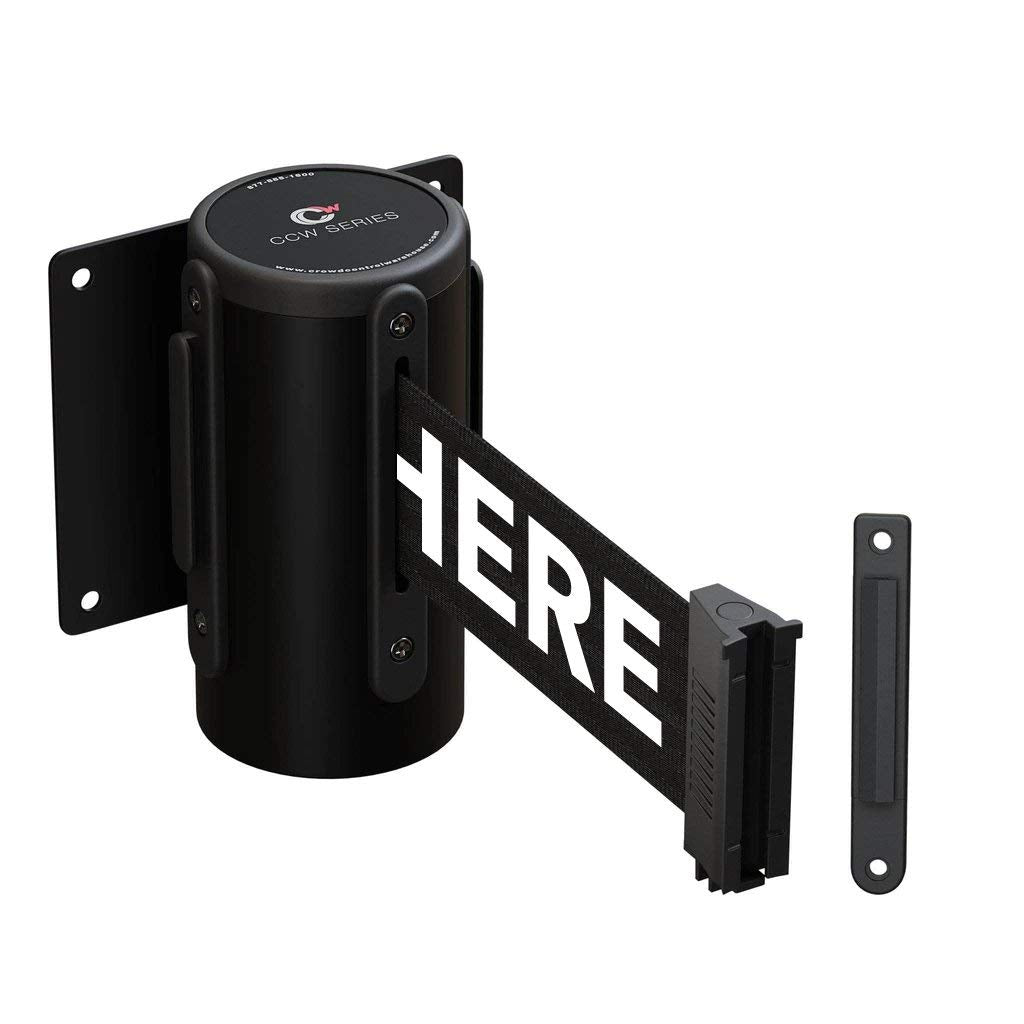 Crowd Control Warehouse - CCW Series WMB-120 Fixed Wall Mount Retractable Belt Barrier - 11 Foot, Black"Please Wait HERE" Belt with Black Steel Case, Crowd Control Barriers