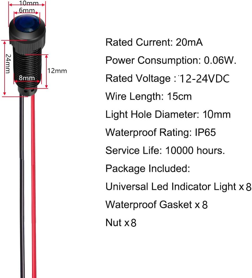 8pcs Blue LED Indicator Pilot Light AC/DC 12-24V Mounting Hole Size 8mm(Flame Retardant Plastic Shell)