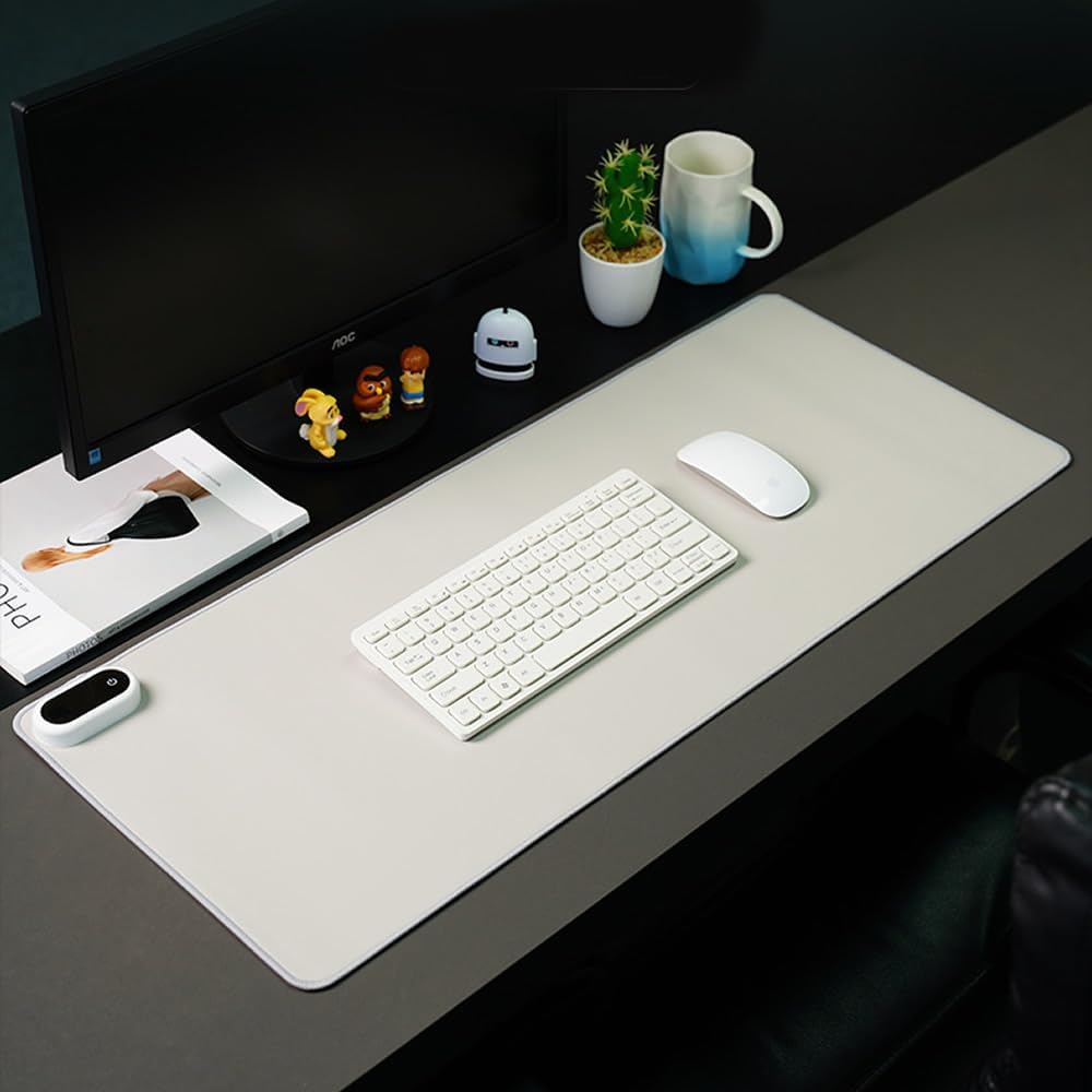 Heated Large Desk Mat PU Leather Warm Mouse Pad with 5 Heating Level & 4 Hour Auto Shut-Off Heating Keyboard Pad Warmer Gaming Mouse Mat for Home Office Work (Gray, 31.5" X 13")