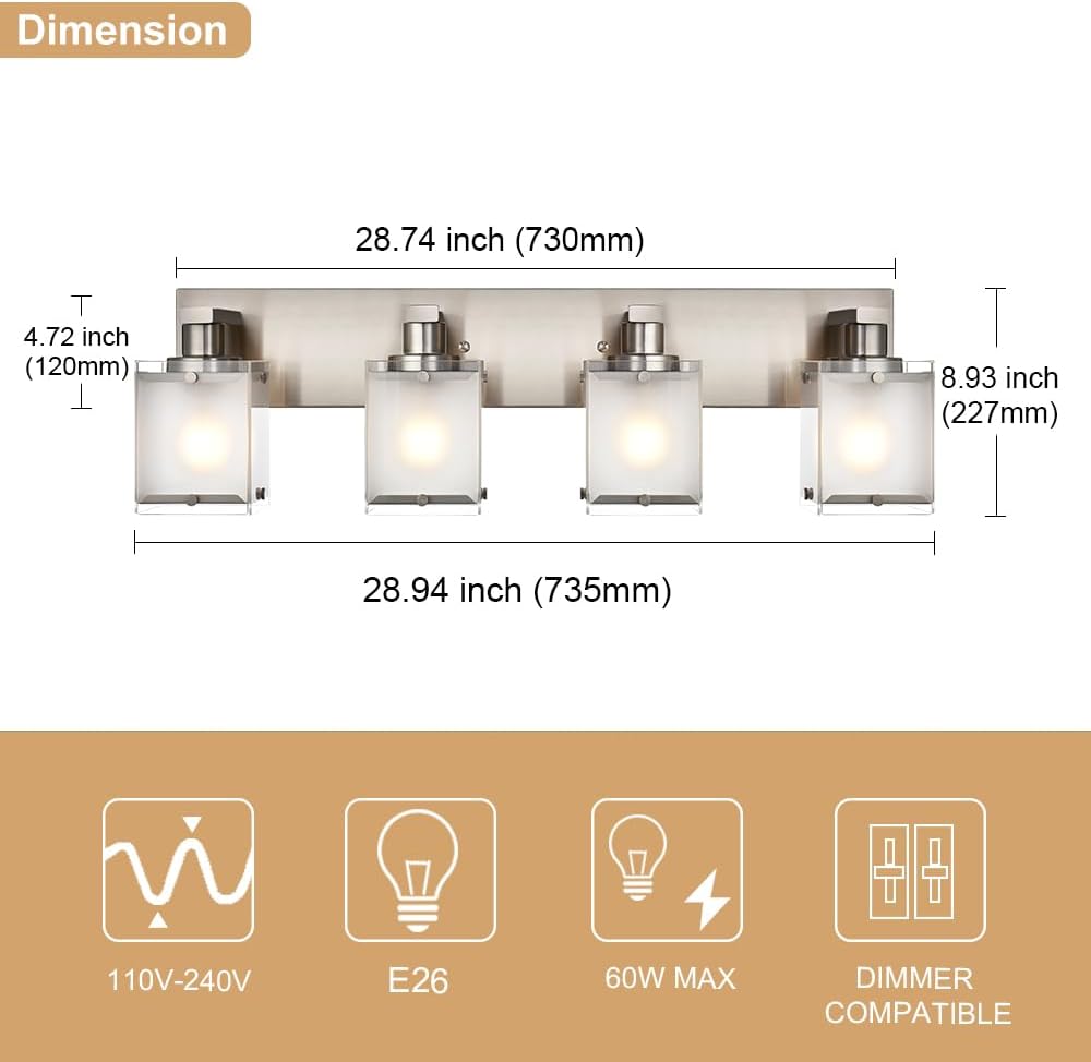 4-Lights Bathroom Light Fixtures Over Mirror, Brushed Nickel Vanity Wall Mounted Lighting with Frosted Glass for Kitchen Living Room, E26 Bulb Base