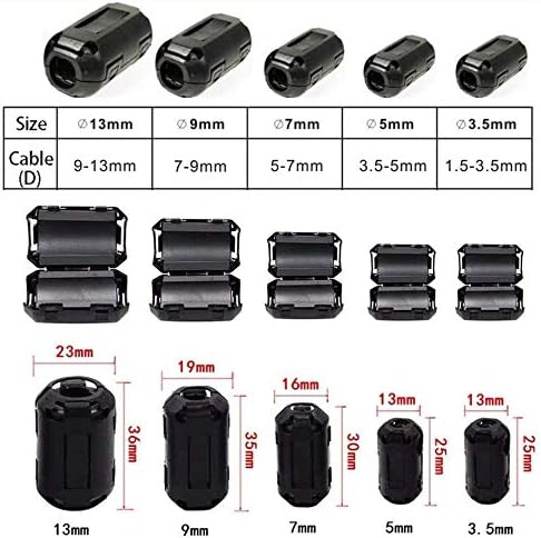 60 Pieces Clip-on Ferrite Ring Core RFI EMI Noise Suppressor Cable Clip for 3mm/ 5mm/ 7mm/ 9mm/ 13mm Diameter/Video Cable Power Cord (Black)