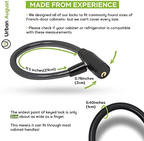 Urban August Child-Proof Refrigerator Lock for Kids & Adults - Lock for French Door Fridge and Cabinet (Small, Black, 3 Pack Keyed Alike)