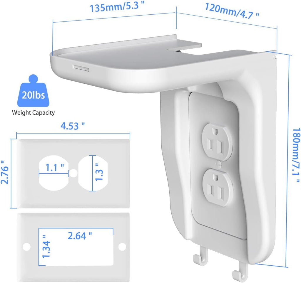 Suptek Wall Outlet Shelf 4 Pack,Home Wall Shelf Organizer for Outlets,Perfect for Bathroom,Kitchen,Bedrooms,Hold Cell Phone,Speaker up to20lbs,With Cable Management and Detachable Hooks,White(S3W4)