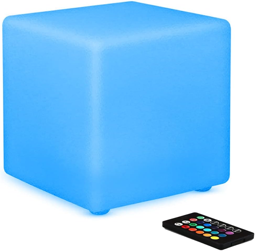 8-in LED Cube Night Light Mood Lamp, Cordless LED Light Cubes for Kid, Rechargeable 16 RGB Colors Changing Light Up Cube Bedside Lamp w/Remote, Waterproof Nursery Kid Stool for Home Patio Garden Party