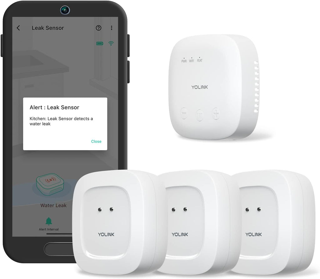 YoLink SpeakerHub & Three Water Leak Sensors Starter Kit – Plays Tones/Sounds, Spoken Messages, LoRa-Powered ¼ Mile Range, App Alert, Emails, SMS/Text, IFTTT