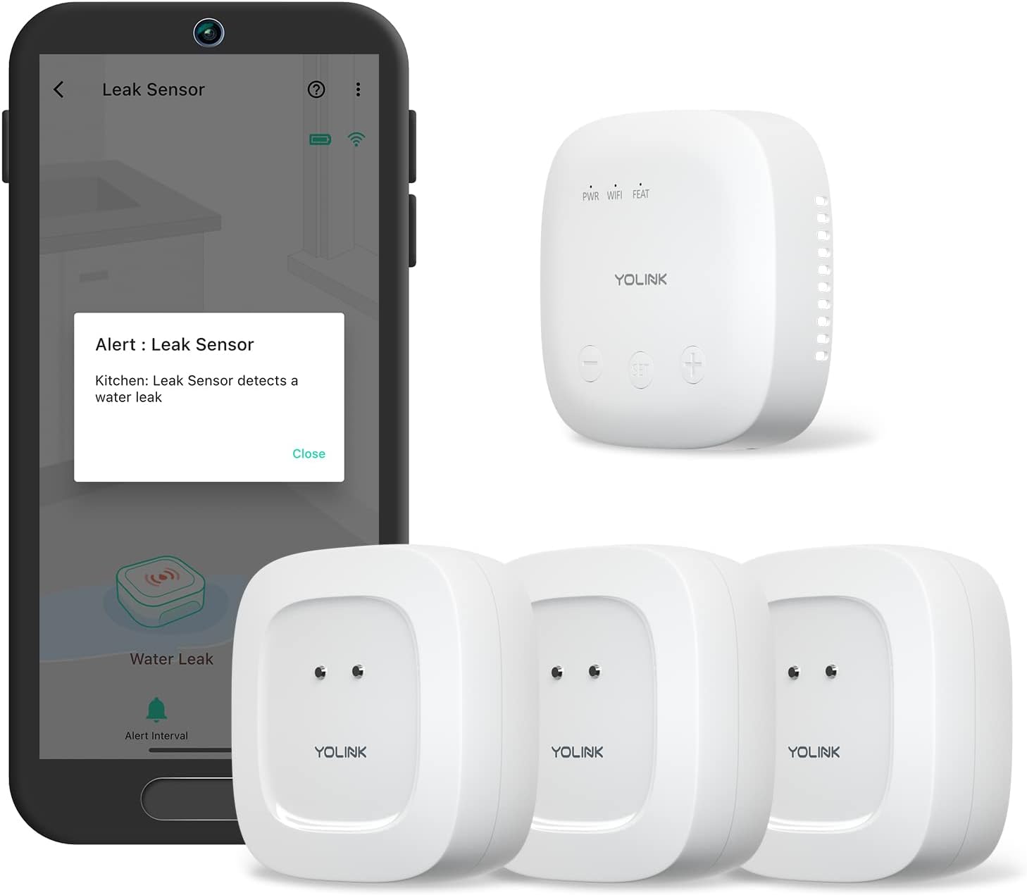 YoLink SpeakerHub & Three Water Leak Sensors Starter Kit – Plays Tones/Sounds, Spoken Messages, LoRa-Powered ¼ Mile Range, App Alert, Emails, SMS/Text, IFTTT