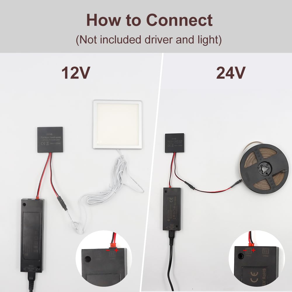 VST Sensor Switch, Hidden Hand Wave Activated Led Light Switch for Closet Lights, Under Cabinet Lighting, with 12V JST Male and Female Connectors（DC 12/24V 3A