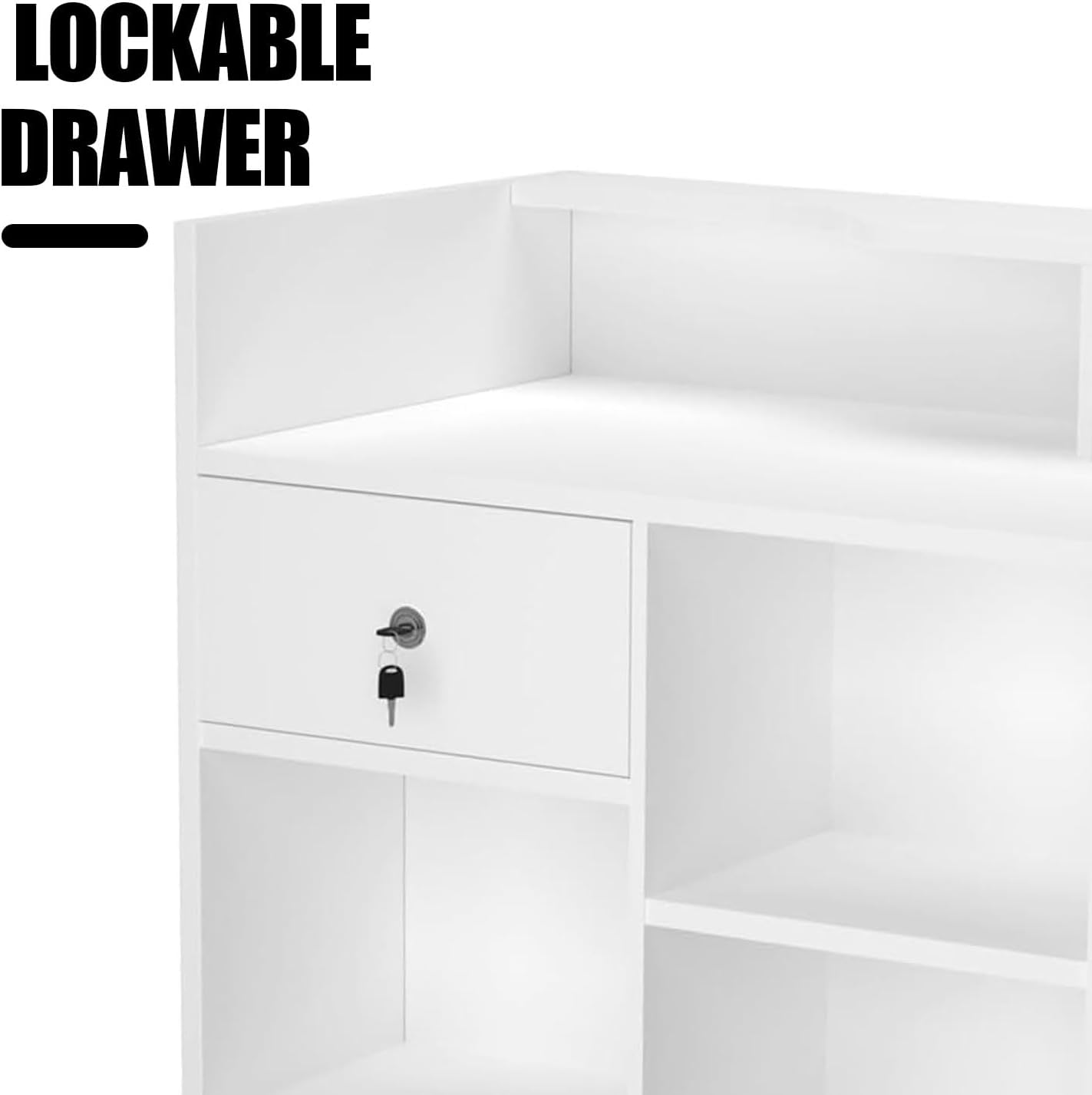 48" W x 22" D x 42" H - Retail Sales Counter with Adjustable Glass Shelves, Tempered Glass，White Laminated Particle Board, Locking Drawers