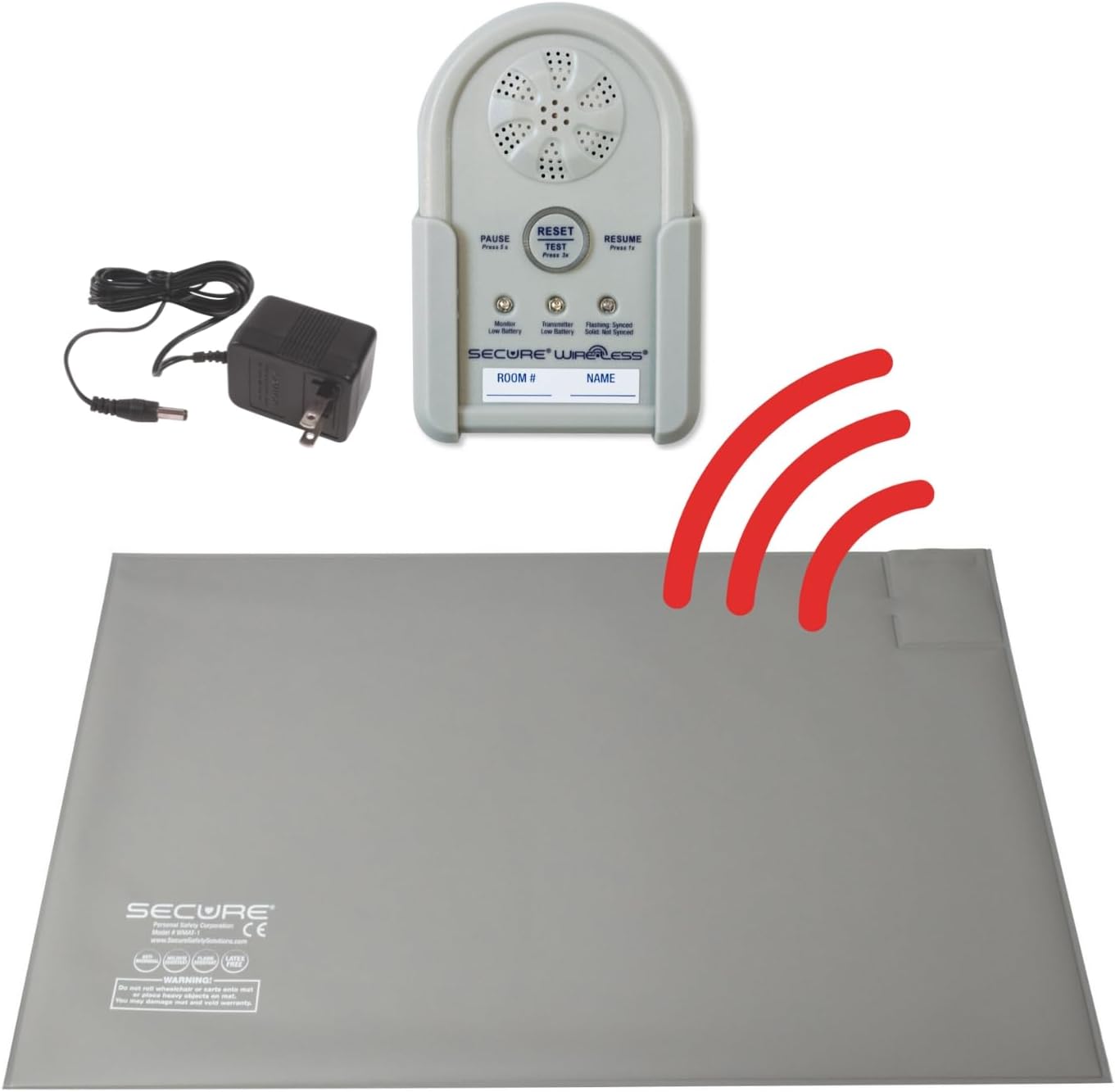 Secure Wireless Floor Mat Bed Alarm for Seniors - Wireless Alarm Monitor, Floor Mat Sensor, Transmitter, Power Adapter - No Noise in Patient Room - Fall &Wandering Prevention for Elderly Dementia