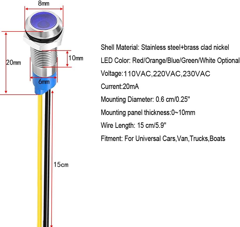 10pcs 6mm LED Metal Indicator Light 110V-220VAC Waterproof Signal Lamp (Blue)