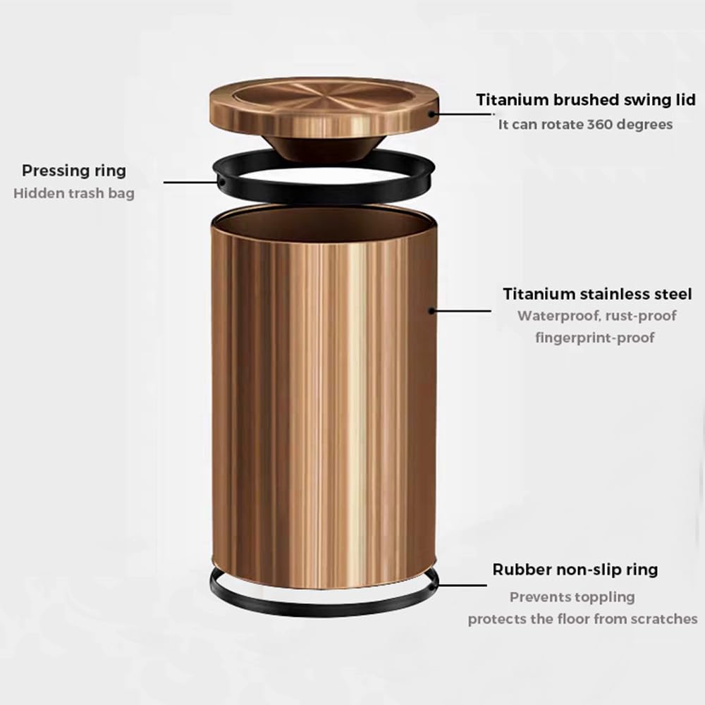 Antique Brass Bathroom Trash can with lid，Stainless Steel,Small Grabage Can with Flipping Lid, 9L/2.4Gal for Living Room,Bedroom,Guest Room,Hotel (Rose Gold)