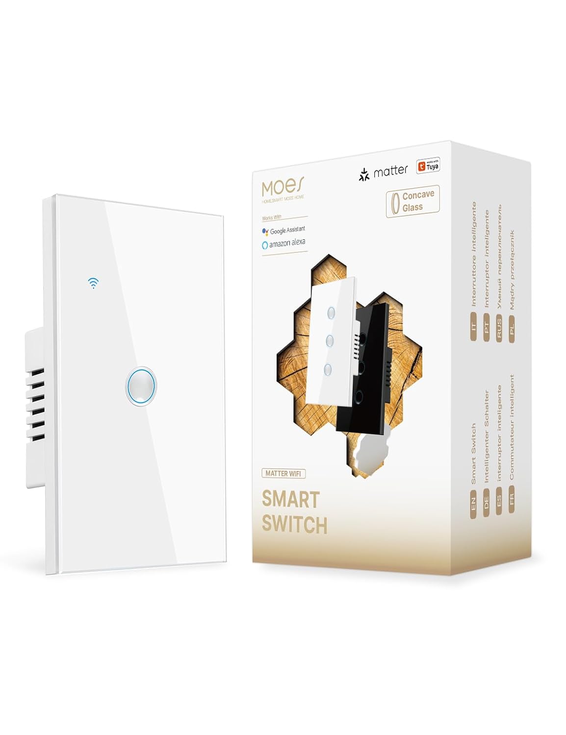 MOES Matter Wi-Fi Smart Light Switches Touch Glass Design, Needs Neutral Wire, Single Pole, 2.4GHz, Remote & Voice Control with Alexa, Google Home & Siri, Supports Timer and Schedule, White 1 Gang