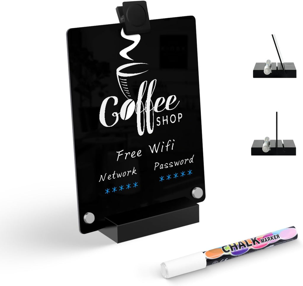 Acrylic Black Dry Erase Board with Stand - 8” x 6” Small Desktop Whiteboard with Marker, Reusable Desk Blackboard, to-Do List, Planner, Memo Clipboard, Menu Board for Office, Home, Bar