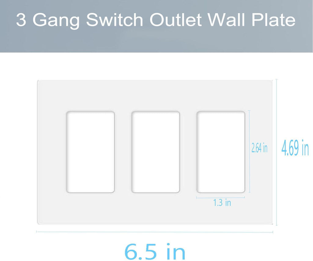 3-Gang Screwless Decorator Wall Plate Cover Switch Outlet Electrical Faceplate for Light Switche, Smart Switch, Receptacle, Dimmers, USB Outlet, GFCI, Child Safe Cover Plate, White (6-Pack)