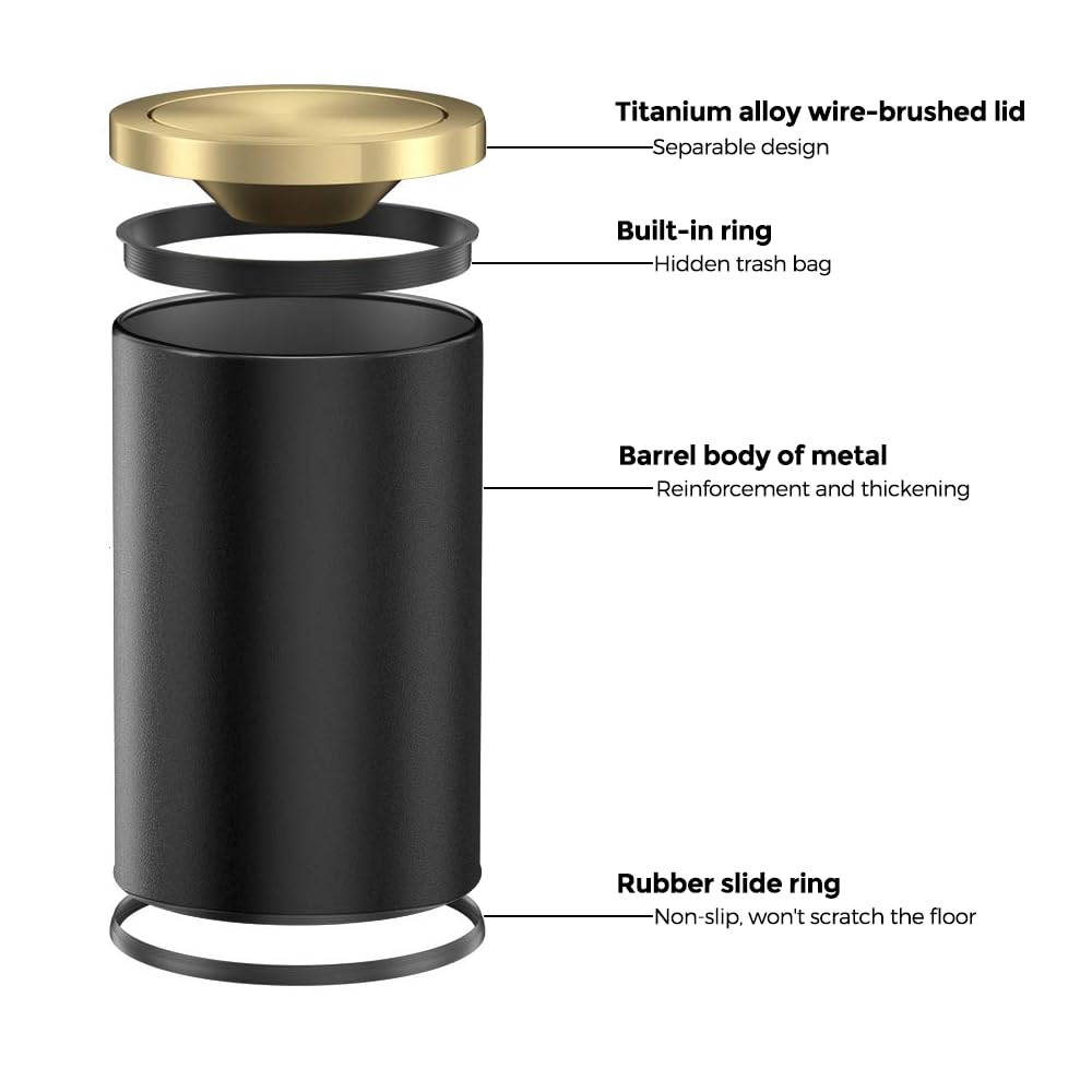 9L/2.4GAL Black Bathroom Trash Can,Gold Small Trash Can with Lid,Garbage cans for Bathroom, Hotel,Office,Lundry,Powder Room 【Perfect Christmas Gift Idea】 (ＢＬＡＣＫ)