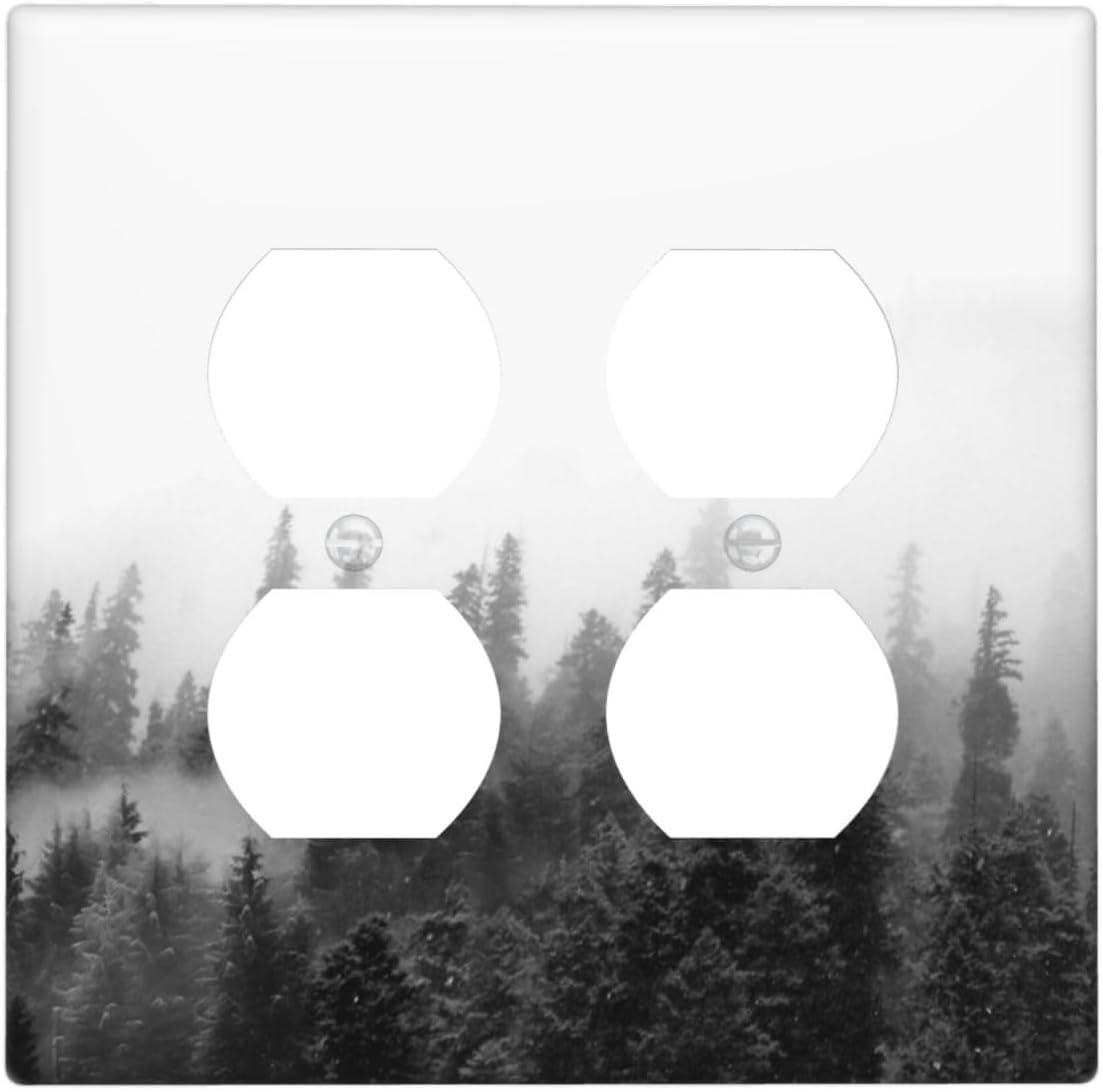 Outlet Covers Fores Black White Landscape Misty Woods 2 Gang Double Duplex Decorative Light Switch Covers Electrical Wallplates Socket Faceplate For Farmhouse Cabin Decor