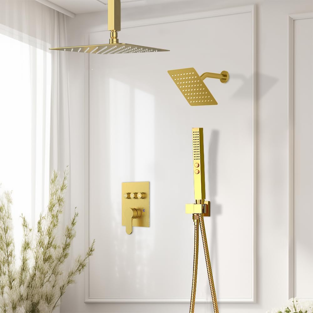 Brushed Gold Shower System, STARBATH 12+8" Rainfall Shower System with Square Shower Head and Handle Set Ceiling Mount, Can Use All at Once Push Button Diverter Pressure Balancing Valve with Trim Kit