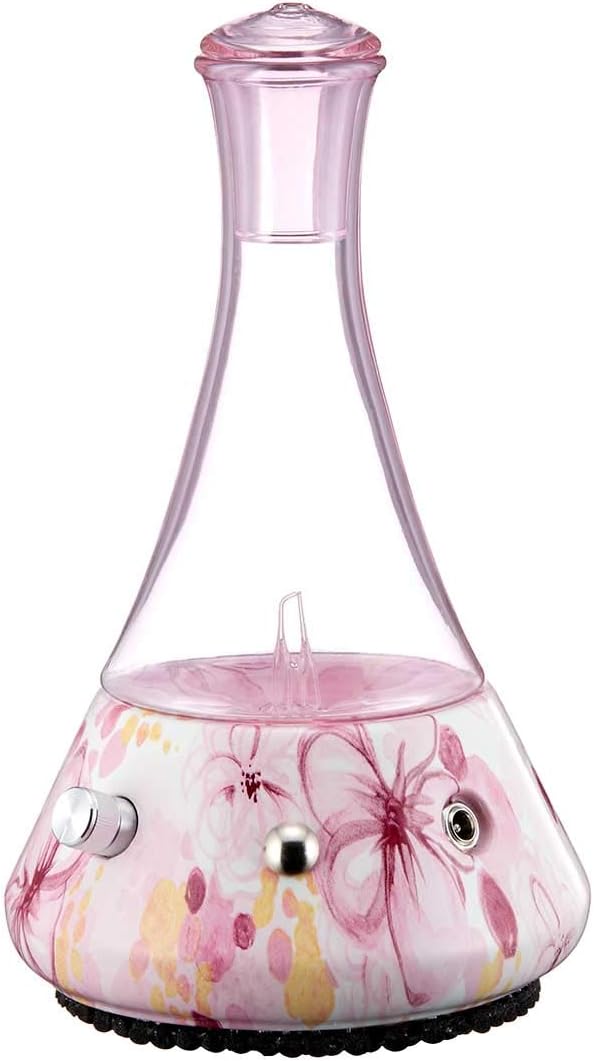 Opulence - Nebulizing Diffuser for Essential Oil/Aromatherapy with Pink Floral Ceramic Base and Pink Hand-Blown Glass with Touch Sensor Light Switch - No Heat, No Water, No Plastic