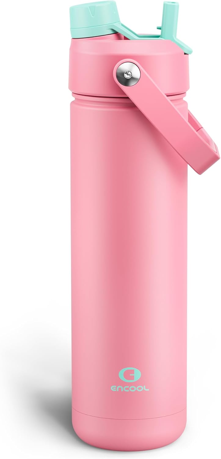ENCOOL Insulated Water Bottle with Straw Stainless Steel Water Bottle, Leak-Proof, BPA-Free, Double Wall Vacuum Keeps Cold for 24 Hours for Sports, Travel, School (26 oz, Tulip)