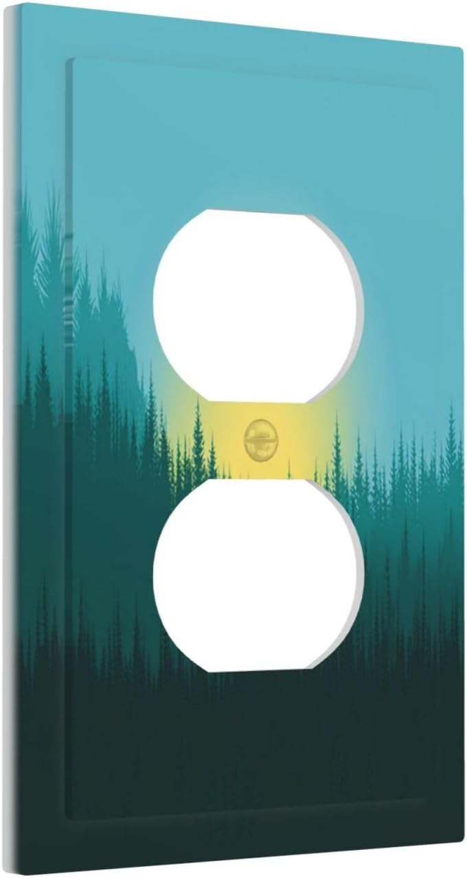 Green Forests And Birds Sun Woodland Outlet Covers 1 Gang Duplex Light Switch Cover Wall Plate Decorative Switch Plates Electrical Receptacle Faceplate for Bedroom Bathroom Decor