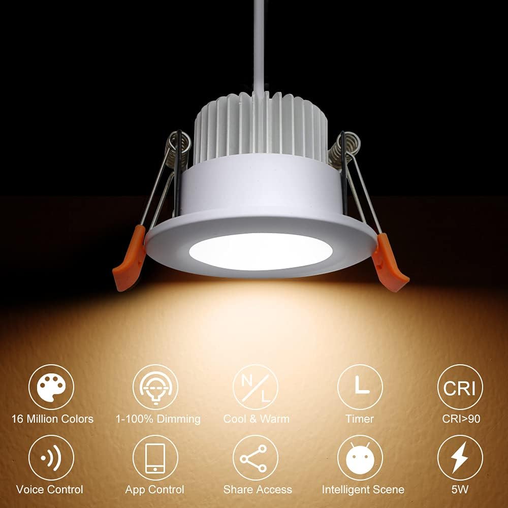 YGS-Tech Smart 2 Inch LED Recessed Lighting RGB WiFi Downlight, 5W Compatible with Alexa and Google Home, Dimmable RGB & CCT 2700-6500K Color Changing, 120V Ceiling Light with LED Driver (10 Pack)