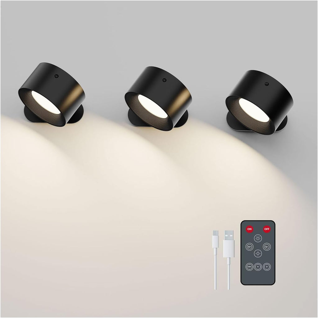 Koopala 3PACK Rechargeable LED Wall Sconce, Cordless Battery with Remote Powered Wall Sconce, 3 Brightness Levels, 360° Swivel Magnetic Shade for Bedrooms, Hallways, Den and Reading Spaces（Black）