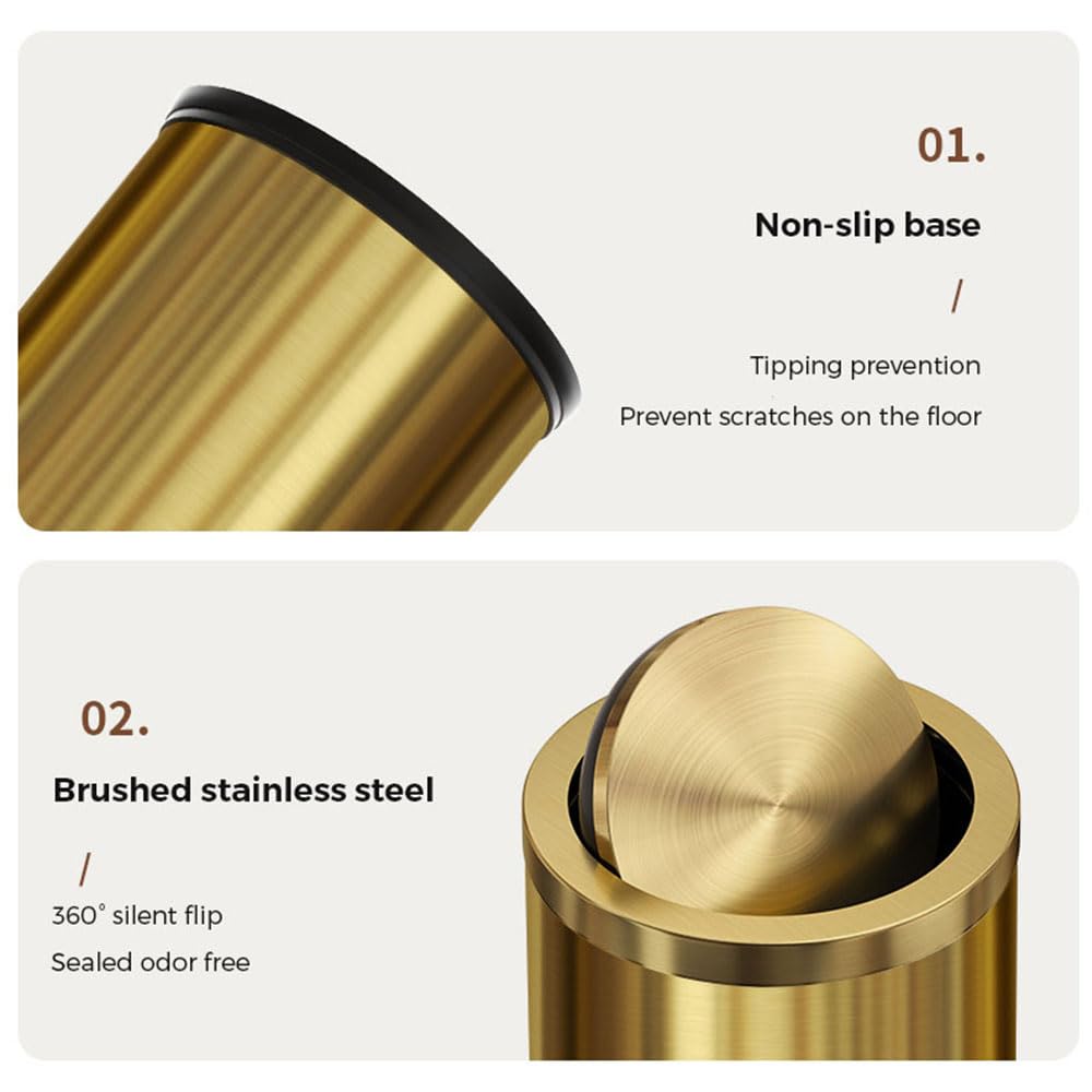 9 Liter/2.4 Gallon, Gold Trash can with Swing lid, Brass Small Trash can, Gold Trash Bin with Lid for Office, Living Room,Bathroom，Restaurant Bathroom