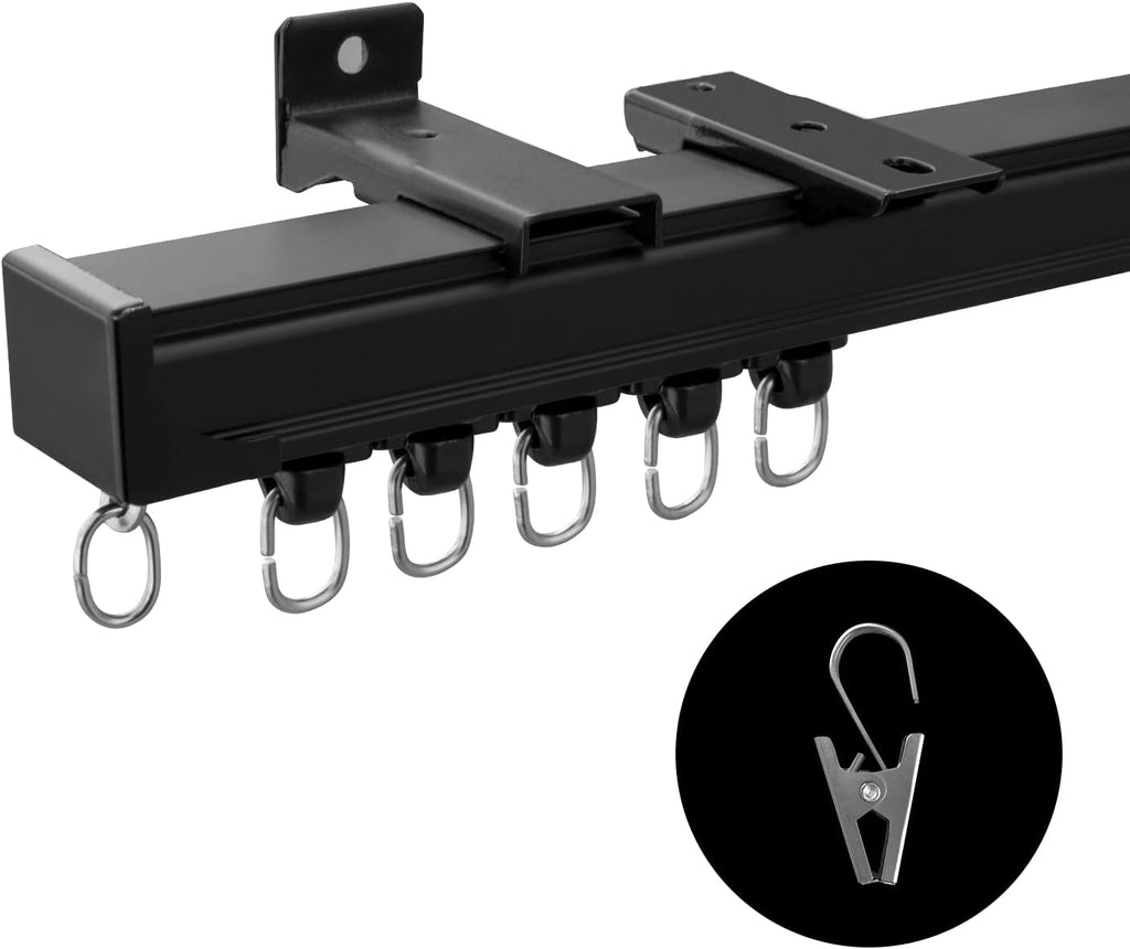 Ceiling Curtain Track Ceiling and Wall Mounted Heavy-Duty Curtains Rails Room Divider Curtains Shower RV Tracks Ceiling Sliding Curtain Rods With Clips,Black 12ft.