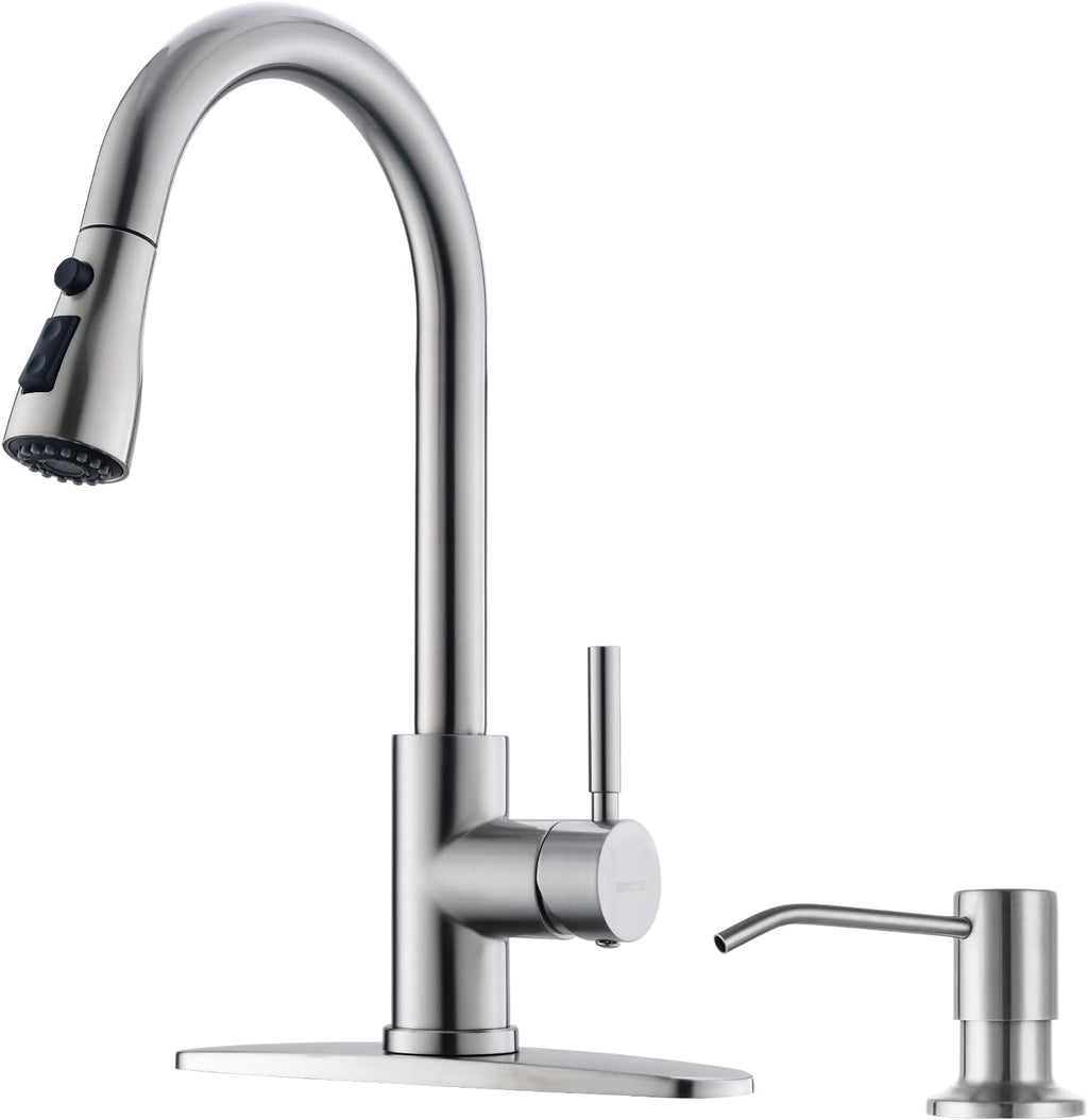 WEWE Kitchen Sink Faucet with Soap Dispenser, Kitchen Faucet with Pull Down Sprayer 3 Modes Stainless Steel Single Handle Single Hole Pull Out Brushed Nickel Faucet for Bar Laundry RV Utility Sink