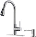 WEWE Kitchen Sink Faucet with Soap Dispenser, Kitchen Faucet with Pull Down Sprayer 3 Modes Stainless Steel Single Handle Single Hole Pull Out Brushed Nickel Faucet for Bar Laundry RV Utility Sink