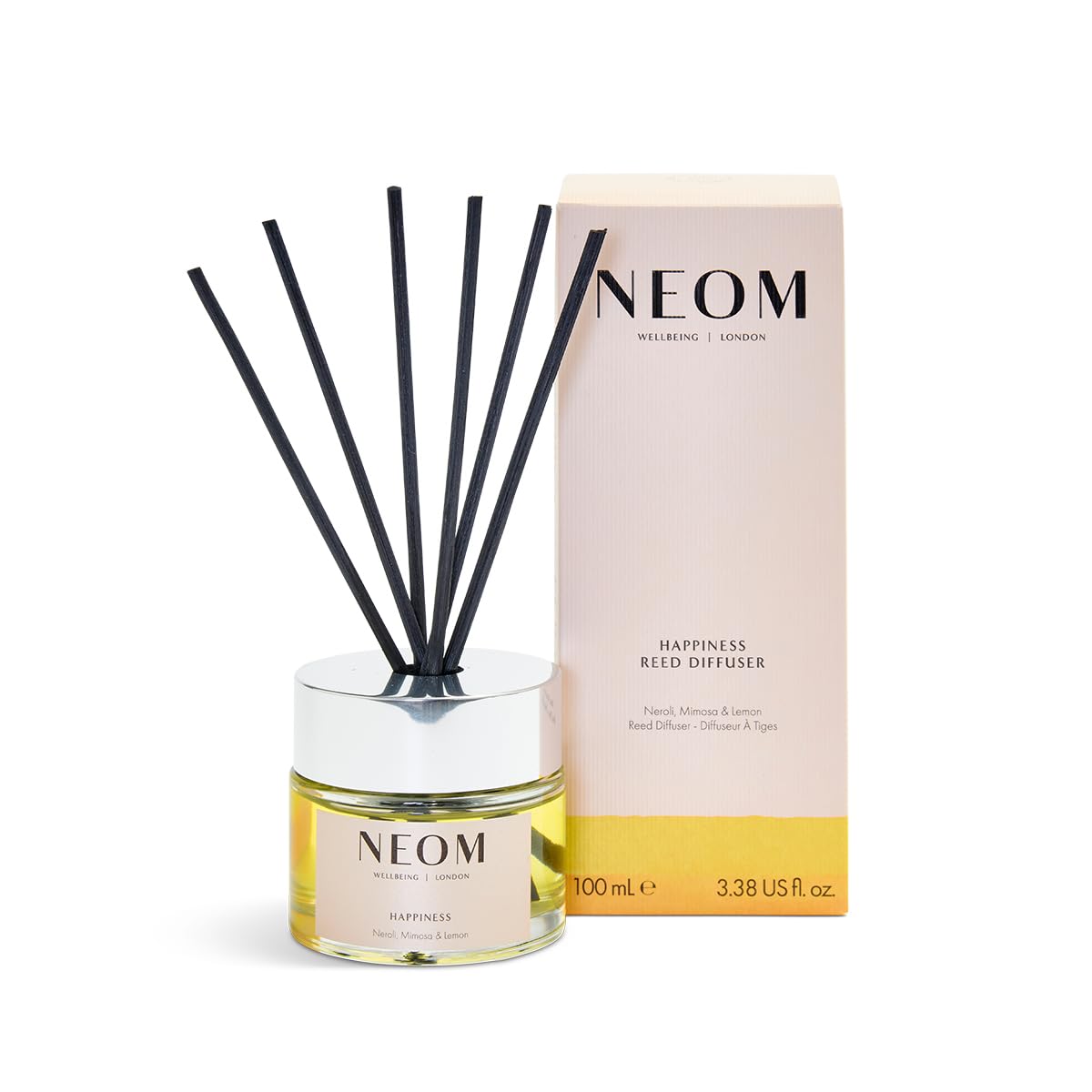 NEOM Happiness Reed Diffuser, 3.38fl oz | Uplifting Scent | Neroli, Mimosa & Lemon Essential Oil Blends| 100% Natural Fragrance | Scent to Make You Happy…