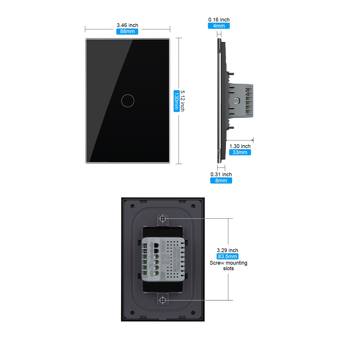 LIVOLO Modern Electrical Wall Light Switch 1Gang Tempered Glass Panel 2 Pole Wall Touch Light Switch with Led Indicator,No Neutral Wire 3Way (1Gang Black)