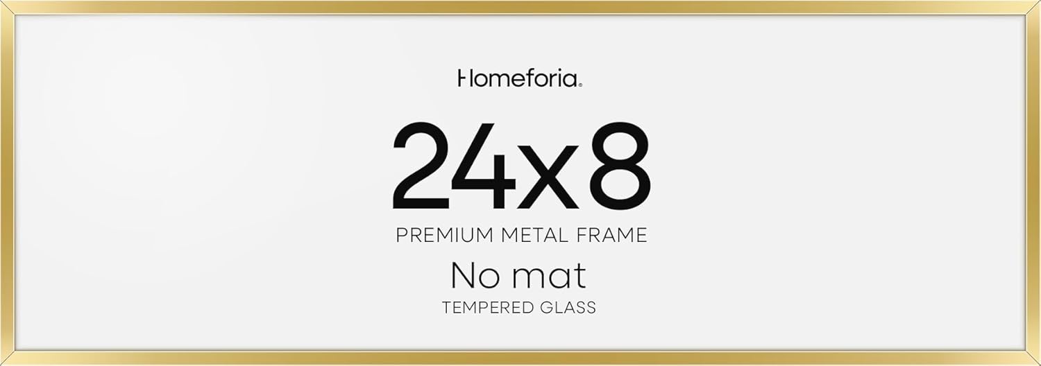 Homeforia 8x24 Panoramic Frame Gold, High End Metal 8 x 24 Picture Frames without Mat, 24x8 Hanging Gold Poster Frames for Wall, 8 by 24 inches Display Photo Frames, Tempered Glass, Wall Kit, Set of 1