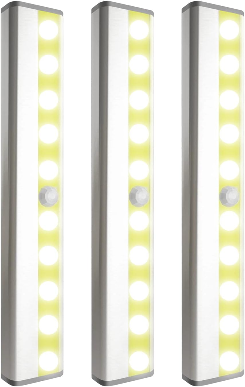 Cabinet Lighting 10 LED Closet Light, Motion Sensor Lights Indoor Dimmable Wireless Stick-on Night Light Bar for Kitchen, Wardrobe, Garage, Stairs, Bedroom (3 Packs)