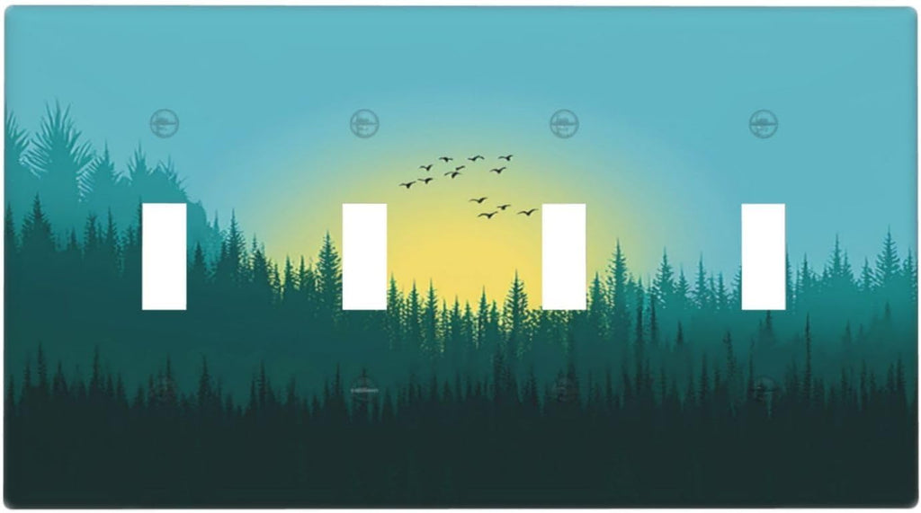 Green Forests And Birds Sun Woodland Light Switch Covers Quad Toggle 4 Gang Wall Plate Decorative Switch Plates Electrical Faceplate for Bedroom Bathroom Decor