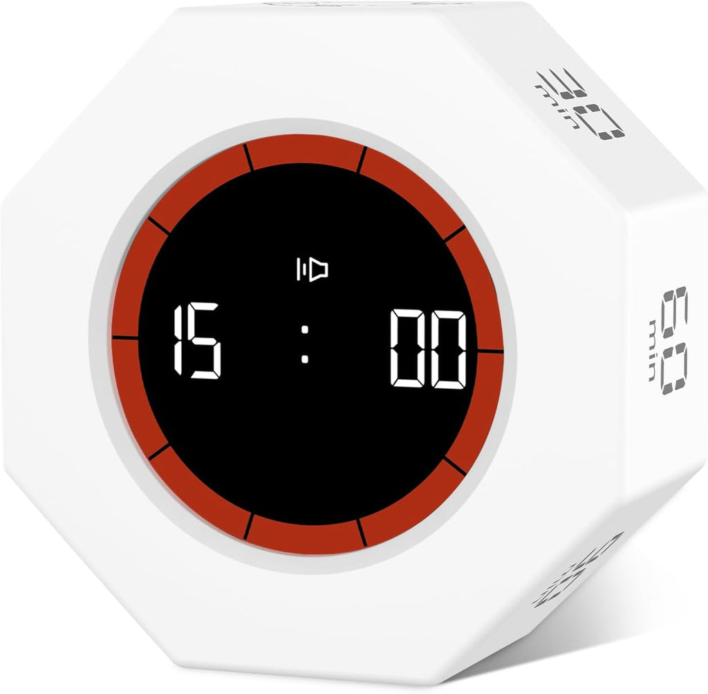 GuDoQi Digital Productivity Timer, Octagon Rotating Pomodoro Timers with Gravity-sensor, 1-3-5-15-30-60-90 Min Countdown, Portable Adjustable Sound Alert Multi Desk Timer or Study Task, Kitchen, White