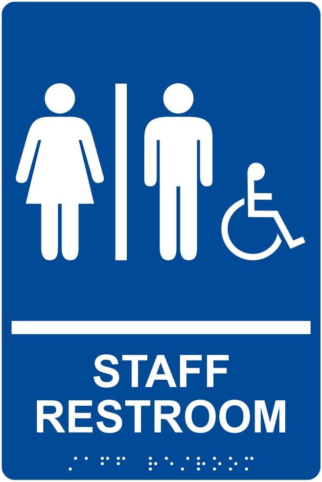 ComplianceSigns.com Staff Restroom Sign, ADA-Compliant Braille and Raised Letters, 9x6 in. White on Blue Acrylic with Adhesive Mounting Strips